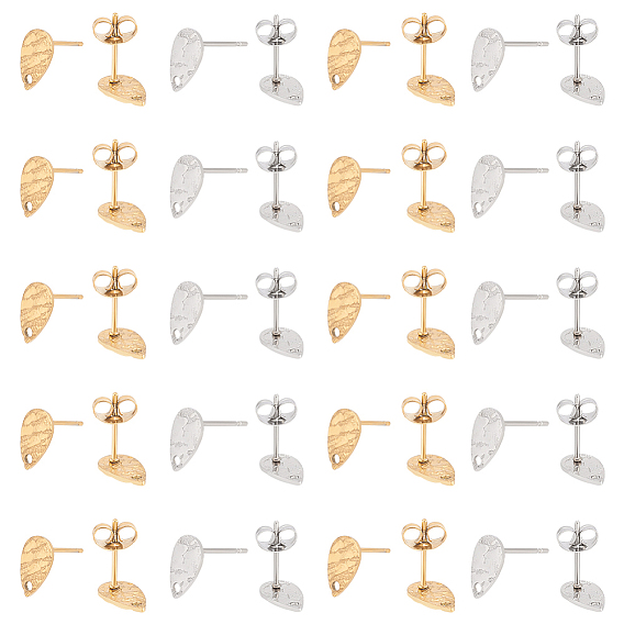 40 шт. 2 цвета 304 детали серьги-гвоздики из нержавеющей стали, с отверстием, текстурированная слеза