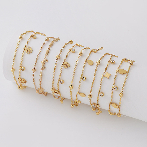 304 Stainless Steel Pave Clear Cubic Zirconia Charm 2-Strand Bracelets for Women, Golden