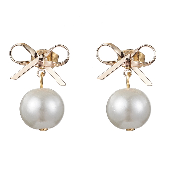 Brass Bowknot Dangle Stud Earrings, with Shell Pearl for Women