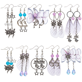 10пара латунных сережек-подвесок, с крыльями из органзы и фурнитурой из сплава и пластика