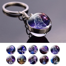 Glass Keychains, with Alloy Rings, Round with Constellation