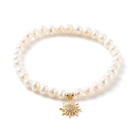 Brass Micro Pave Clear Cubic Zirconia Stretch Charm Bracelets, with Round Natural Pearl Beads, Sun, White