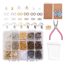 DIY Earring Kits, with Brass Earring Hooks & Jump Rings & Ring Assistant Tool & Ear Nuts, Paper Display Cards, Plastic Ear Nuts, Needle Nose Pliers, OPP Cellophane Bags