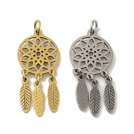 Vacuum Plating 201 Stainless Steel Pendants, with Jump Rings, Woven Web/Net with Feather Charm
