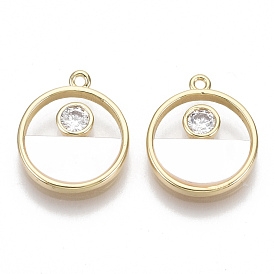 Brass Micro Pave Clear Cubic Zirconia Charms, with Natural Shell, Flat Round, Real 18K Gold Plated, Nickel Free