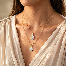 304 Stainless Steel Pave Clear Cubic Zirconia Geometric Pendant Necklaces, Real 18K Gold Plated