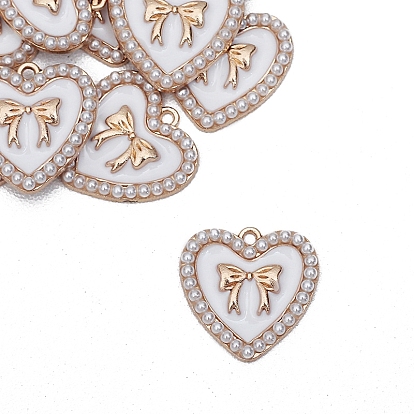 Light Gold Tone Alloy Enamel Pendants, with Plastic Imitation Pearls, Heart with Bowknot Charm