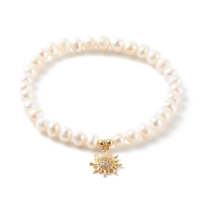 Brass Micro Pave Clear Cubic Zirconia Stretch Charm Bracelets, with Round Natural Pearl Beads, Sun, White