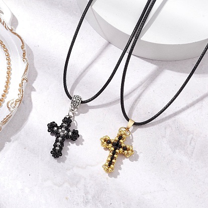 2Pcs 2 Colors Cross Glass Sead Beaded Pendant Necklaces, Black Waxed Cotton Cord Necklaces