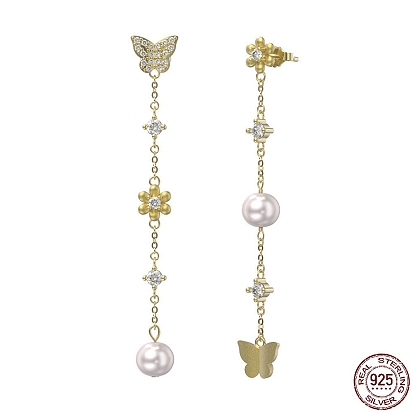 925 Sterling Silver Flower & Butterfly Asymmetrical Earrings with Cubic Zirconia, Natural Pearl Beaded Taseel Stud Earrings, with S925 Stamp