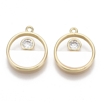 Brass Micro Pave Clear Cubic Zirconia Charms, with Natural Shell, Flat Round, Real 18K Gold Plated, Nickel Free