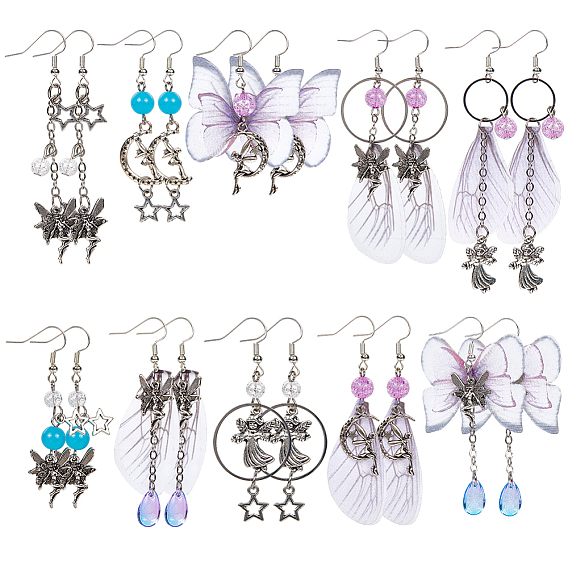 10пара латунных сережек-подвесок, с крыльями из органзы и фурнитурой из сплава и пластика