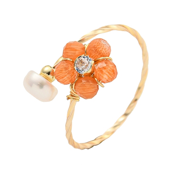 Offene Manschettenringe aus Messing, Nickel frei, mit Katzenauge, Perle, Schmuck für Frauen, Blume