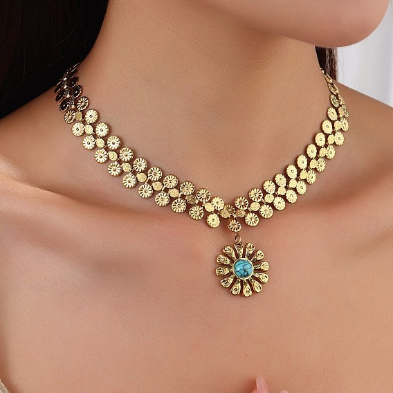 Женские ожерелья с подвесками из нержавеющей стали и синтетической бирюзы в виде цветка