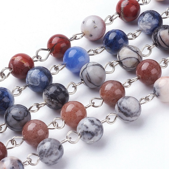 Handmade Natural Gemstone Beaded Chains, Unwelded, with Iron Eye Pin, Round, Platinum