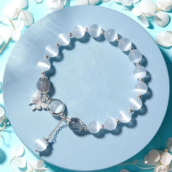 Браслеты с круглыми бусинами из сплава и кошачьего глаза для женщин, платина