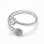 925 Sterling Silver Cuff Rings, Open Rings Components, For Half Drilled Beads, with Cubic Zirconia, Flat Round