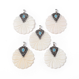 Natural Freshwater Shell Pendants, Flower Charms, with Platinum Plated Alloy Rhinestone Findings, Seashell Color