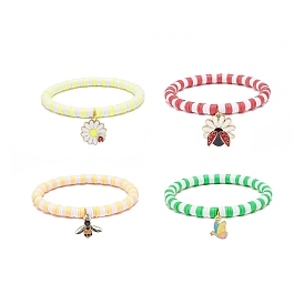 4Pcs 4 Styles Insect Theme Alloy Enamel Stretch Charm Bracelets, with Polymer Clay Heishi Beads, Butterfly/Bee/Ladybug, Golden