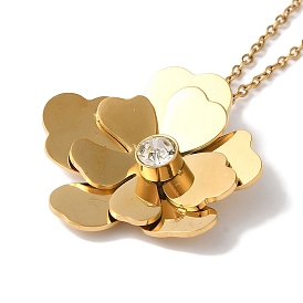 Ion Plating(IP) 304 Stainless Steel Crystal Rhinestone Flower Pendant Necklaces, Cable Chain Necklaces for Women