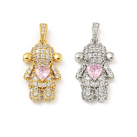 Rack Plating Brass Micro Pave Clear Cubic Zirconia Pendants, Long-Lasting Plated, Cadmium Free & Lead Free, Girl with Heart