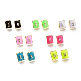 Brass Micro Pave Clear Cubic Zirconia Stud Earrings, with Enamel and Ear Nuts, Lead Free & Cadmium Free, Rectangle, Real 18K Gold Plated