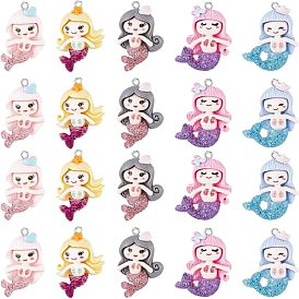 20 шт 5 стили подвески из непрозрачной смолы, с блестящей пудрой и железными петлями платинового тона, русалка