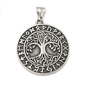 316 Surgical Stainless Steel Pendants, Flat Round with Tree of Life & Rune Charm