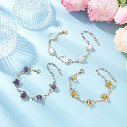 3шт. браслеты из круглых бусин из натуральных драгоценных камней для женщин, с 304 нержавеющей сталью и латунью