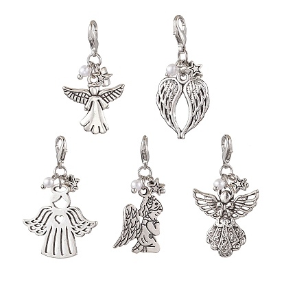 5 piezas 5 estilos ángel decoraciones colgantes de aleación de estilo tibetano, Dijes con cierres de pinza de langosta para adornos de mochila