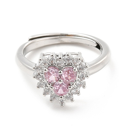 Rack Plating Brass Micro Pave Pink & Crystal Cubic Zirconia Heart Adjustable Rings, Cadmium Free & Lead Free, Long-Lasting Plated