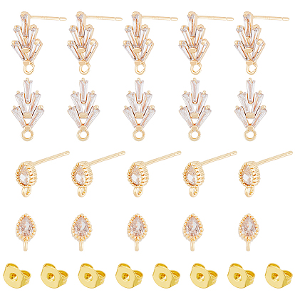 16Pcs 2 Style Brass Cubic Zirconia Stud Earring Findings, with Loops and 20Pcs Ear Nut, Teardrop & Leaf