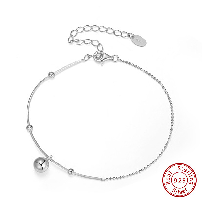 Rhodium Plated 925 Sterling Silver Round Ball Charm Bracelet with Snake Chains, with S925 Stamp