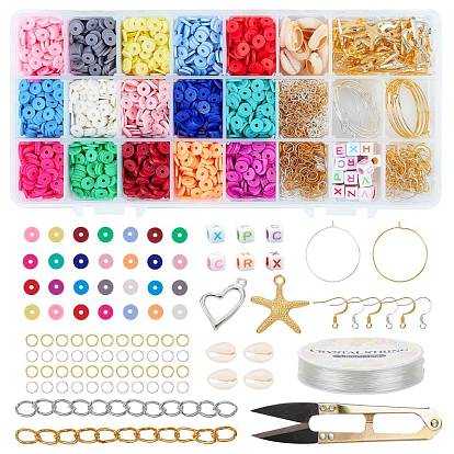 Сделай сам комплект украшений, Сплав с подвесками, латунные серьги с крючками и серьги-кольца, раковина каури / полимерная глина / акриловые шарики, стальные ножницы, эластичная нить, железные цепи удлинитель и прыжковые кольца