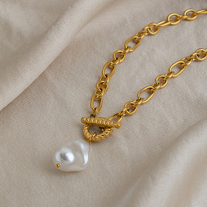 Imitation Baroque Keshi Pearl Teardrop Pendant 304 Stainless Steel Figaro Chain Necklaces with OT Clasps for Women, White
