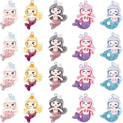 20 шт 5 стили подвески из непрозрачной смолы, с блестящей пудрой и железными петлями платинового тона, русалка