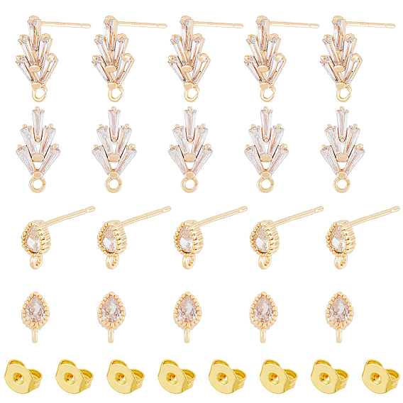 16Pcs 2 Style Brass Cubic Zirconia Stud Earring Findings, with Loops and 20Pcs Ear Nut, Teardrop & Leaf