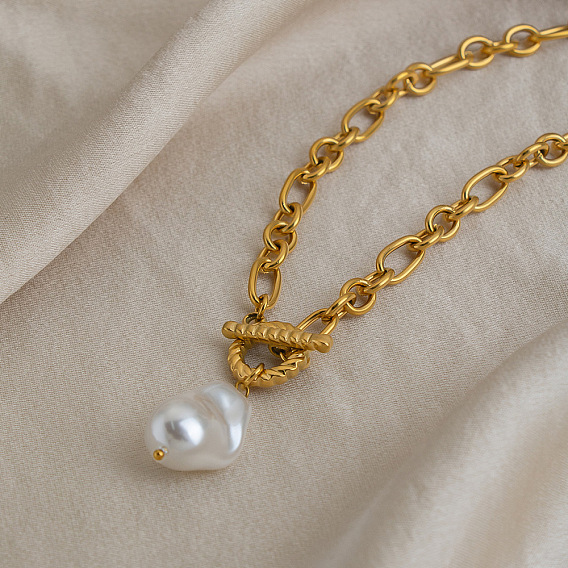 Imitation Baroque Keshi Pearl Teardrop Pendant 304 Stainless Steel Figaro Chain Necklaces with OT Clasps for Women, White