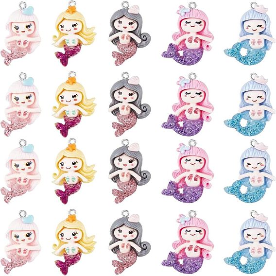 20 шт 5 стили подвески из непрозрачной смолы, с блестящей пудрой и железными петлями платинового тона, русалка
