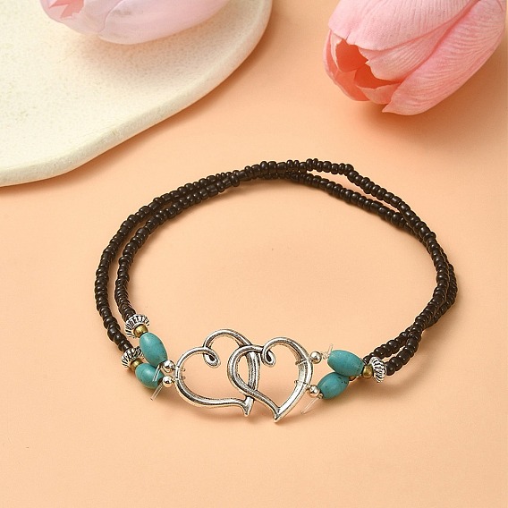 Набор для изготовления браслетов своими руками, включая соединительные кольца из сплава в форме сердца и проставки, стеклянные бусины и синтетические бирюзовые бусины, Spacer бисер железа