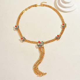 Vintage Alloy Enamel Red Heart Tassel Y Long Necklaces for Women Party and Casual Wear