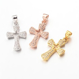 Cross Brass Micro Pave Cubic Zirconia Pendants, Lead Free & Nickel Free, 22x13x2mm, Hole: 3x4mm