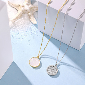 925 Sterling Silver Cable Chain Necklaces, Flat Rounnd White Shell Pendant Necklaces