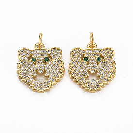 Brass Micro Pave Clear Cubic Zirconia Pendants, Nickel Free, Leopard Head Shape