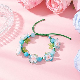 Цветочные акриловые бусины плетеные браслеты из бисера для женщин, с колпачками из АБС-пластика и искусственного жемчуга из смолы и круглыми бусинами из натурального окрашенного нефрита Машан