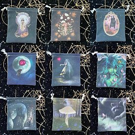 Cloth Tarot Cards Storage Drawstring Bags, Tarot Desk Storage Holder, Wolf/Ghost/Moon Phase/Butterfly/Tree/Mushroom/Rabbit/Bat/Elephant/Women/Frog/Raccoon Pattern