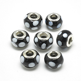 Handmade Lampwork European Beads, with Platinum Brass Double Cores, Large Hole Beads, Rondelle with Spot