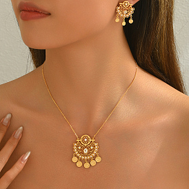 Elegant Middle Eastern Style Brass Micro Pave Cubic Zirconia Earrings & Necklaces Set for Women, Flower & Moon
