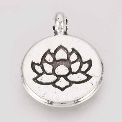 Tibetan Style Alloy Pendants, Flat Round with Lotus, Cadmium Free & Lead Free