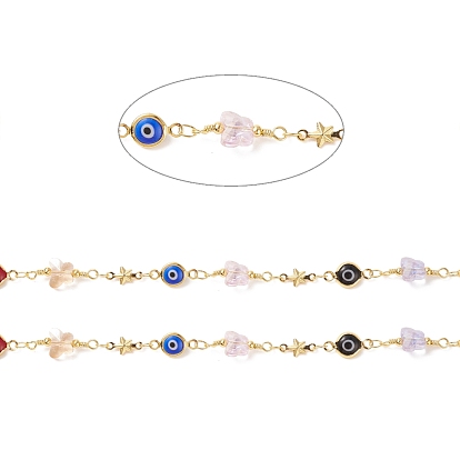 Flat Round & Star Brass Link Chains, with Glass Butterfly & CCB Evil Eye Beads, Soldered, with Spools, Cadmium Free & Lead Free, Real 18K Gold Plated